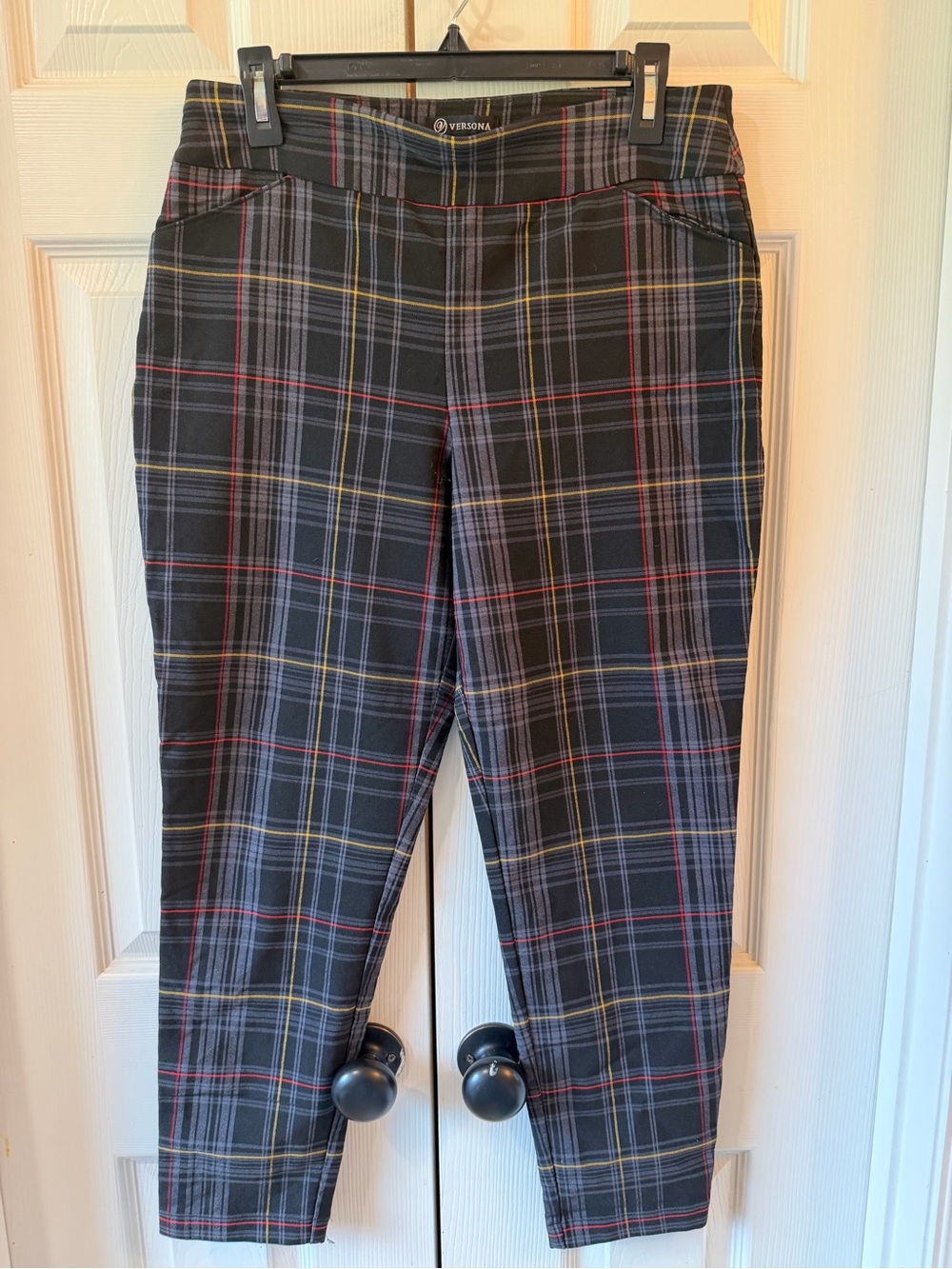Versona Woman’s  Black Plaid Stretch Chinos with Red & Yellow Windowpane size 12